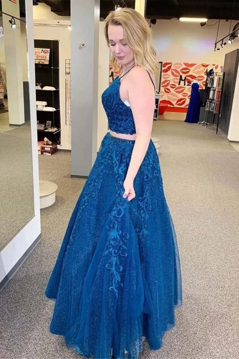 y A Line V Neck Two Pieces Lace Appliques Blue Prom Dresses, Two Pieces Lace Blue Formal Dresses, Blue Lace Evening Dresses