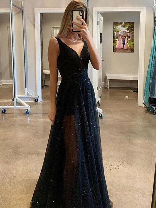 Sparkly Black A Line V Neck Sequins Long Prom, Black Formal, Graduatio Bridelily Sparkly Black A Line V Neck Sequins Long Prom, Black Formal, Graduatio Bridelily