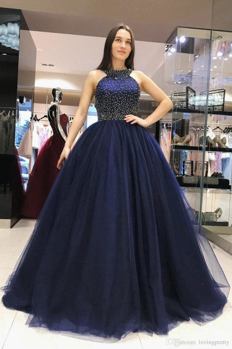 Sparkly Dark Blue Ball Gown Sweet Beading Tulle Long Prom Dresses Shiny Evening Dress - Prom Dresses