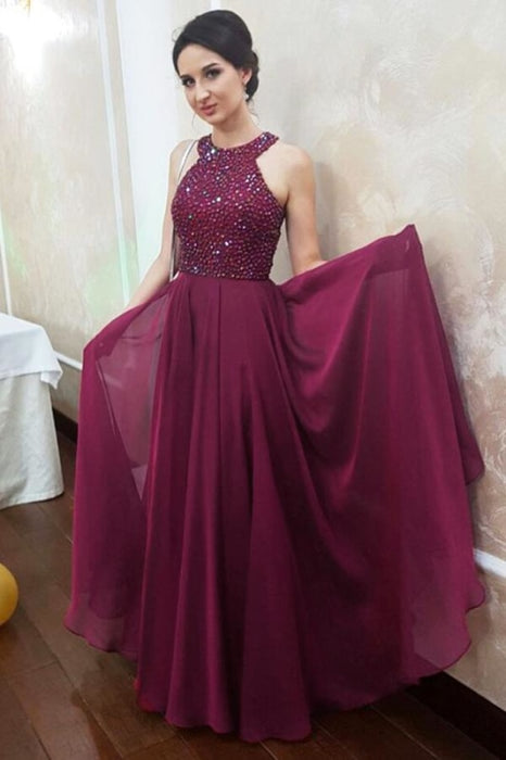 Sparkly Dark Magenta Jewel Sleeveless Floor Length Chiffon Prom Dress with Beading - Prom Dresses