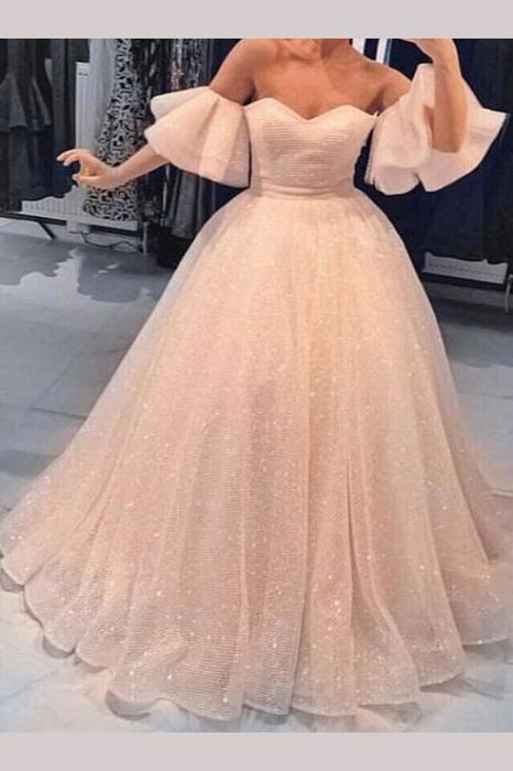Sparkly Dresses A Line Off-the-shoulder Short Sleeve Floor Length Prom Dress - Prom Dresses