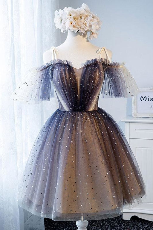 Sparkly Off the Shoulder Homecoming with Sleeves Unique Tulle Short Dress - Prom Dresses