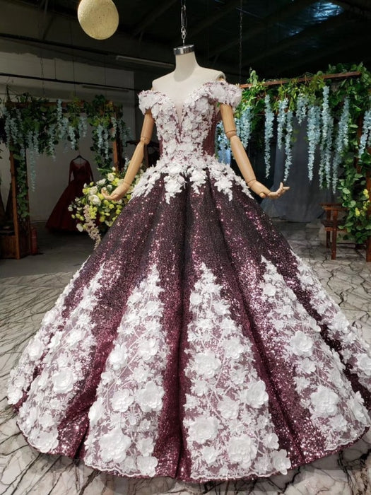 Sparkly Off the Shoulder Long Prom Dress with Flowers Ball Gown Quinceanera Dresses - Prom Dresses