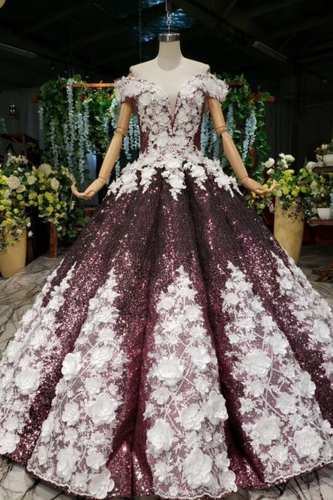 Sparkly Off the Shoulder Long Prom Dress with Flowers Ball Gown Quinceanera Dresses - Prom Dresses