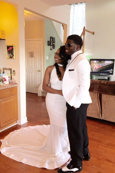 Sparkly Shiny Halter White Mermaid Prom Dresses with Train - Prom Dresses