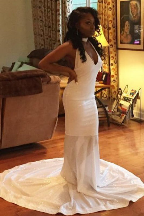 Sparkly Shiny Halter White Mermaid Prom Dresses with Train - Prom Dresses