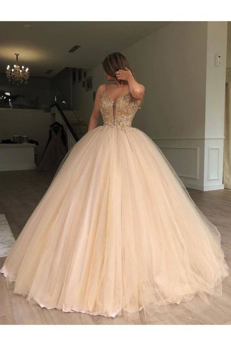Sparkly Spaghetti Strap Beaded Ball Gown Prom Dress Long Tulle Quinceanera Dresses - Prom Dresses
