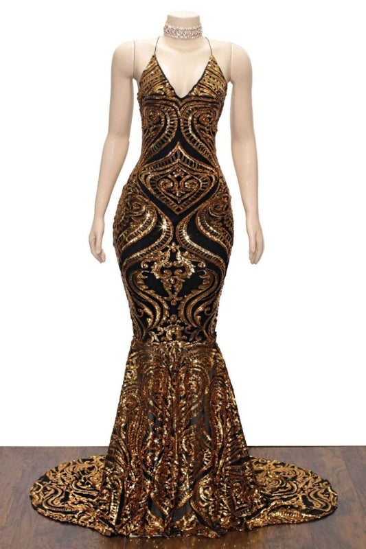 Sparkly Spaghetti Strap Golden Backless Mermaid Prom Dress - Prom Dresses