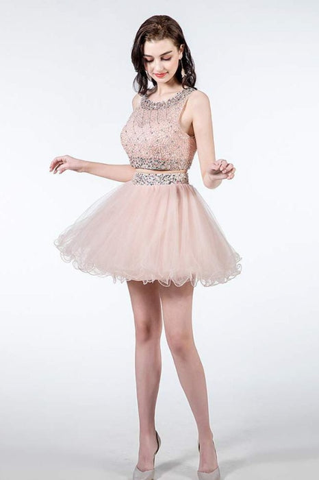 Sparkly Two Piece Homecoming Dresses Short Beaded Tulle Prom Gowns with Sequins - Prom Dresses