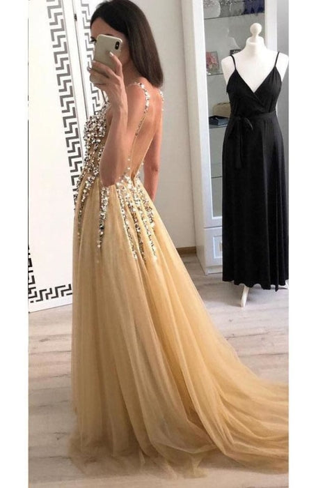 Sparkly V Neck Sleeveless Beading Prom with Crystal A Line Tulle Party Dress - Prom Dresses
