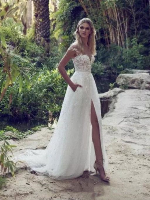 Split Lace Applique Sweep Train A Line Wedding Dresses - White / Floor Length - wedding dresses