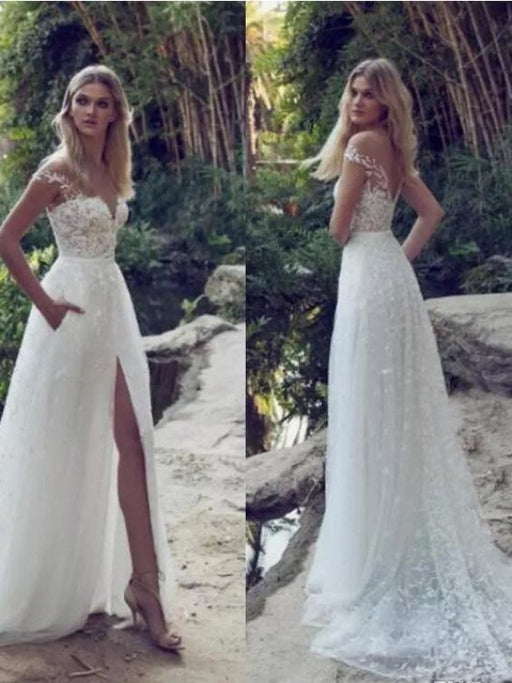 Split Lace Applique Sweep Train A Line Wedding Dresses - wedding dresses
