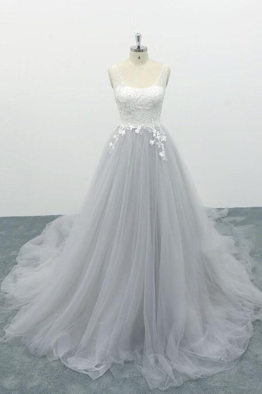 Square Neck Appliques Tulle A-line Wedding Dress - Wedding Dresses