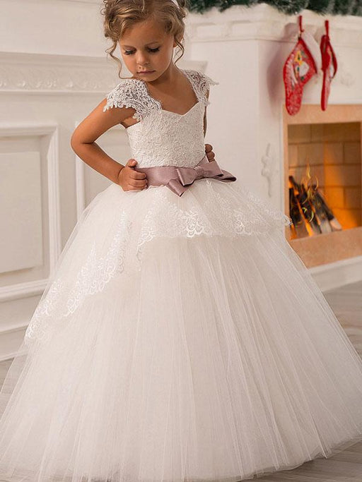 Flower Girl Dresses Square Neck Lace Short Sleeves Ankle Length Ball Gown Bows Kids Pageant Dresses