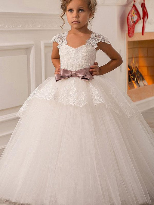 Flower Girl Dresses Square Neck Lace Short Sleeves Ankle Length Ball Gown Bows Kids Pageant Dresses