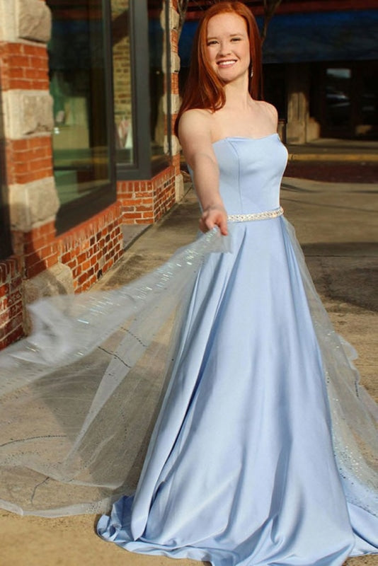 Strapless A Line Satin Prom with Beading Waist Unique Long Evening Dress - Prom Dresses