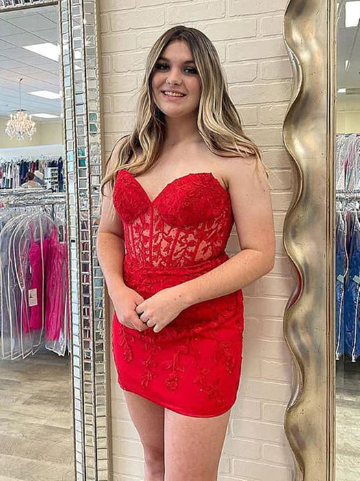 Strapless Beaded Short Red Lace Prom Dresses, Red Lace Homecoming Dres Bridelily Strapless Beaded Short Red Lace Prom Dresses, Red Lace Homecoming Dres Bridelily