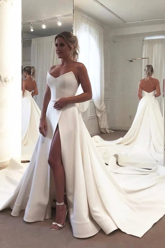 Strapless Bodice Corset Leg Slit Satin Backless Long Wedding Dress - Wedding Dresses