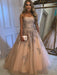 Strapless Champagne Tulle Lace Long Prom Dresses with Appliques, Champagne Lace Formal Graduation Evening Dresses 
