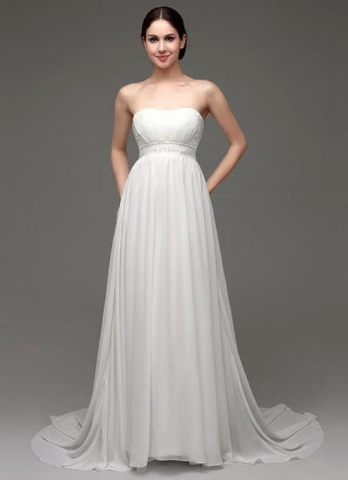 Strapless Chiffon A-Line Empire Waist Wedding Gown With Pearl Belt