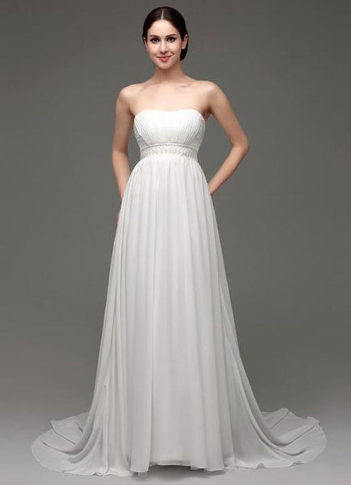 Strapless Chiffon A-Line Empire Waist Wedding Gown With Pearl Belt Bridelily Strapless Chiffon A-Line Empire Waist Wedding Gown With Pearl Belt Bridelily