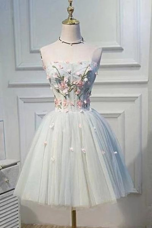 Strapless Homecoming Flower Applique Short Tulle Graduation Dress - Prom Dresses