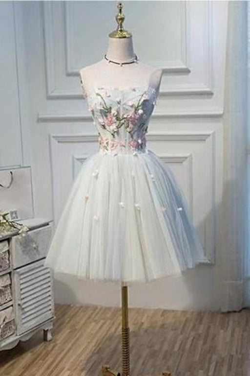 Strapless Homecoming Flower Applique Short Tulle Graduation Dress - Prom Dresses