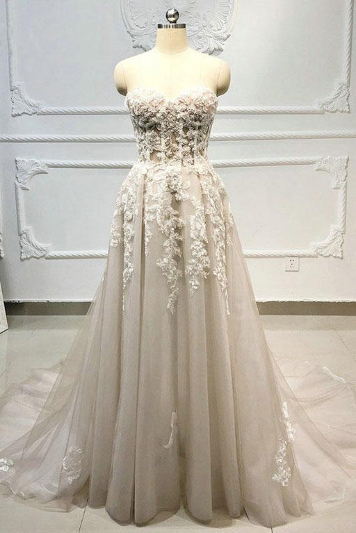 Strapless Lace-up Beaded Appliques A-line Wedding Dress - Wedding Dresses
