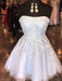 Strapless Light Blue Lace Tulle Short Prom Homecoming Dresses, Light Blue Lace Formal Graduation Evening Dresses 