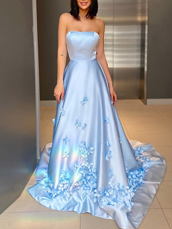 Strapless Light Blue Satin Floral Long Prom Dresses, Light Blue Formal