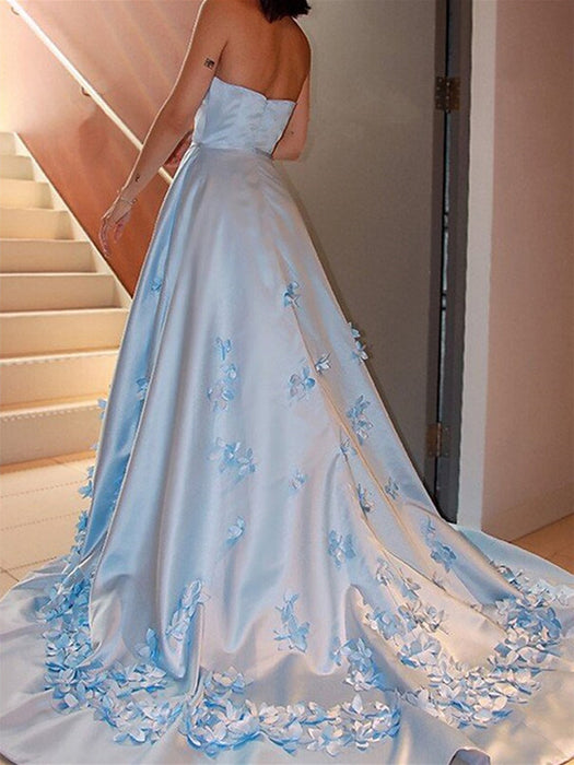 Strapless Light Blue Satin Floral Long Prom Dresses, Light Blue Formal