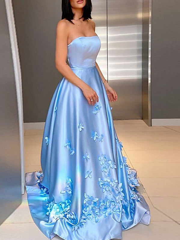 Strapless Light Blue Satin Floral Long Prom Dresses, Light Blue Formal