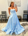 Strapless Light Blue Satin Long Prom Dresses with 3D Flowers, Long Light Blue Floral Formal Graduation Evening Dresses 