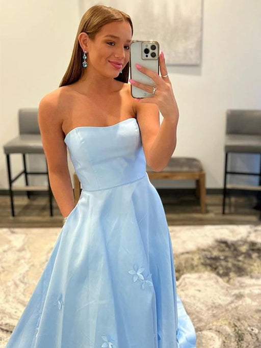 Strapless Light Blue Satin Long Prom Dresses with 3D Flowers, Long Light Blue Floral Formal Graduation Evening Dresses 