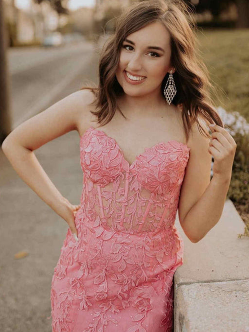 Strapless Mermaid Hot Pink Lace Floral Long Prom Dresses, Mermaid Hot Pink Formal Dresses, Hot Pink Lace Evening Dresses 