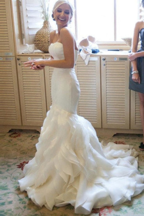 Strapless Mermaid Sweetheart Ruffles Sweep Train Organza Satin Wedding Dress - Wedding Dresses