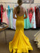 Strapless Mermaid Yellow Satin Long Prom Dresses, Mermaid Yellow Formal Graduation Evening Dresses 
