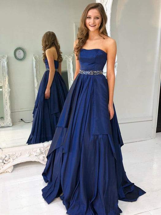 Strapless Navy Blue Satin Layered Long Prom Dresses With Belt Navy Bl strapless-navy-blue-satin-layered-long-prom-dresses-with-belt-navy-bl