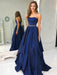 Strapless Navy Blue Satin Layered Long Prom Dresses with Belt, Navy Blue Formal Graduation Evening Dresses 