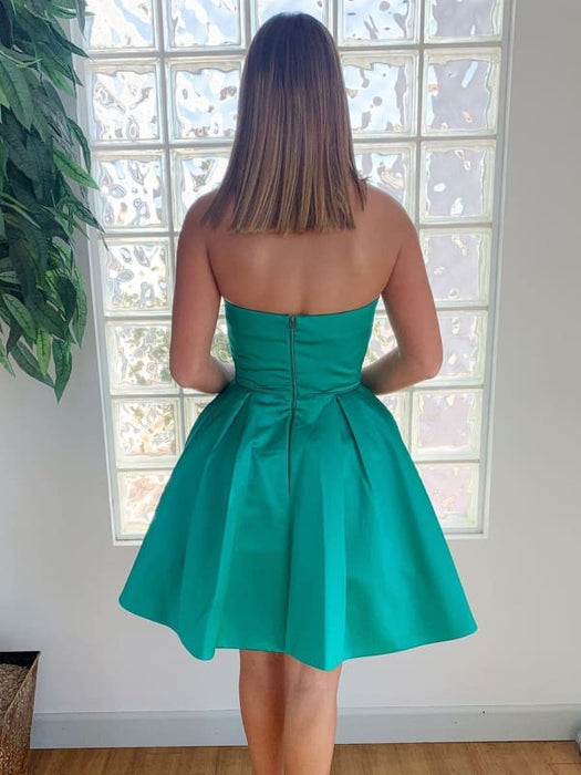 Strapless Open Back Green Short Prom Dresses with Pocket, Open Back Green Homecoming Dresses, Short Green Formal Evening Dresses