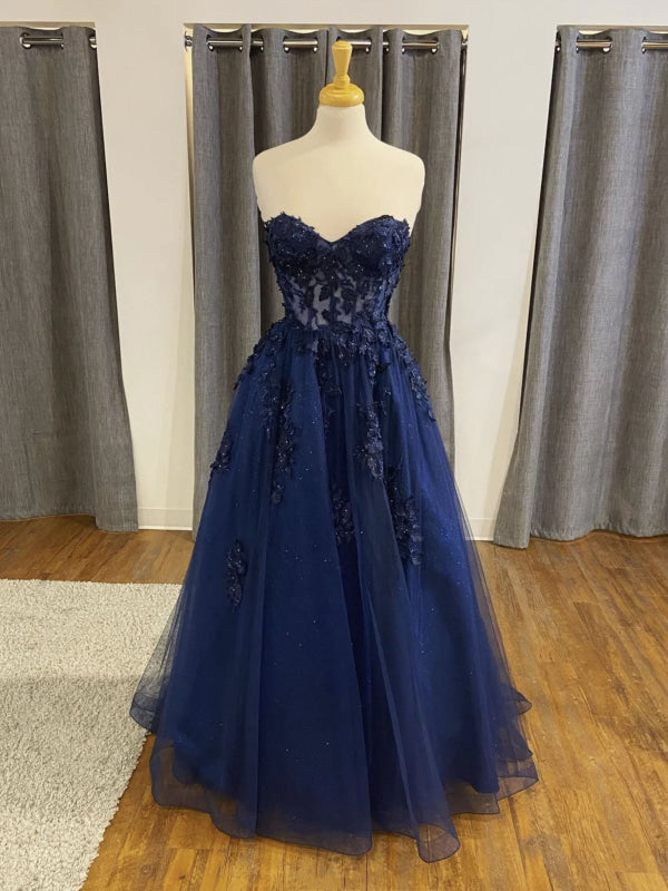 Shiny Navy Blue Lace Prom Dresses, Navy Blue Lace Formal Graduation Dresses
