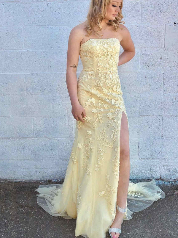 Backless Yellow Tulle Long Lace Prom Dresses, Open Back Yellow Lace Formal Evening Dresses main image 0