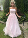 Strapless Pink Tulle Lace Long Prom Dresses, Pink Lace Formal Graduation Evening Dresses 