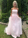 Strapless Pink Tulle Lace Long Prom Dresses, Pink Lace Formal Graduation Evening Dresses 