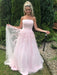 Strapless Pink Tulle Lace Long Prom Dresses, Pink Lace Formal Graduation Evening Dresses 
