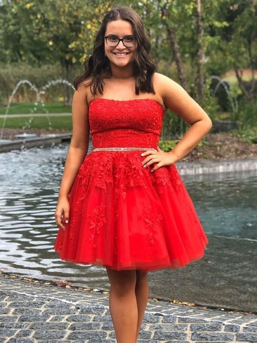 Strapless Red Lace Short Prom Dresses with Belt, Red Lace Homecoming D Bridelily Strapless Red Lace Short Prom Dresses with Belt, Red Lace Homecoming D Bridelily