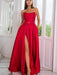 Strapless Red Satin Long Prom Dresses with High Slit, Long Red Formal Graduation Evening Dresses 