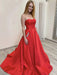 Strapless Red Satin Long Prom Dresses with Pocket, Long Red Formal Graduation Evening Dresses 