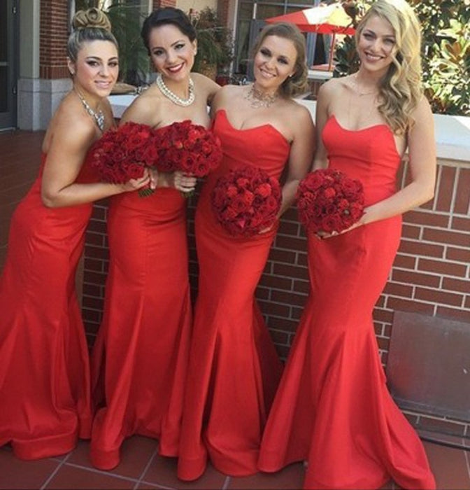 Strapless Red Sweetheart Chic Mermaid Long Bridesmaid Dress - Bridesmaid Dresses