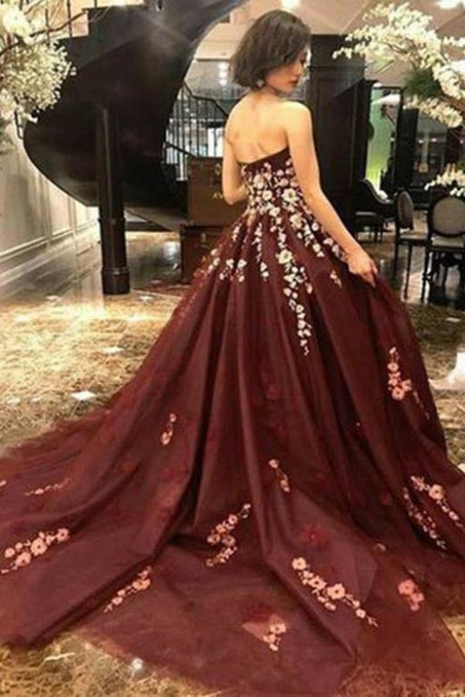 Strapless Rust Red Evening Gown Sleeveless Long Prom Dress with Appliques - Prom Dresses
